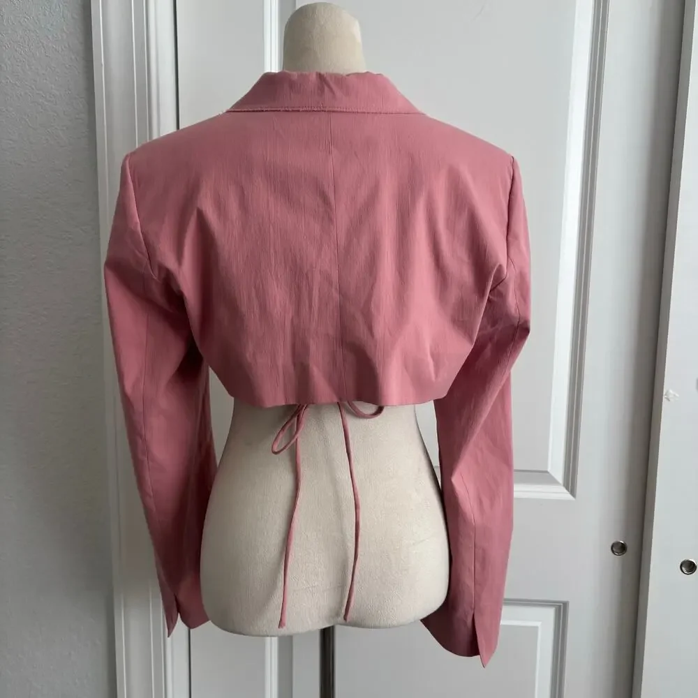 ZARA Pink Cropped Blazer Jacket Wrap Tie Waist Blogger Favorite Size Large L
